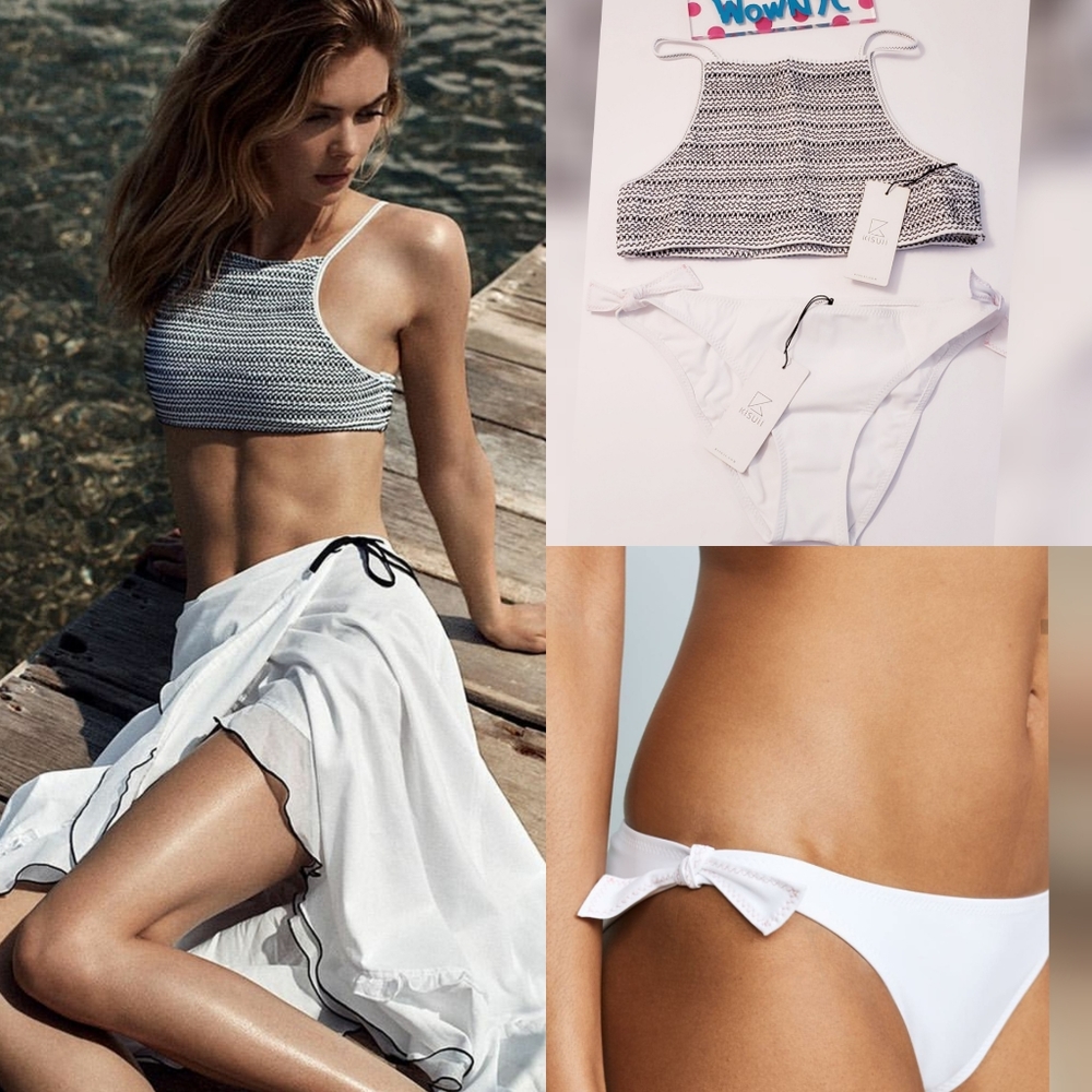 $220 NWT KISUII Women's Black White Bikini Top Bottom M L Knit Smoked 2 PC SET - Picture 3 of 11